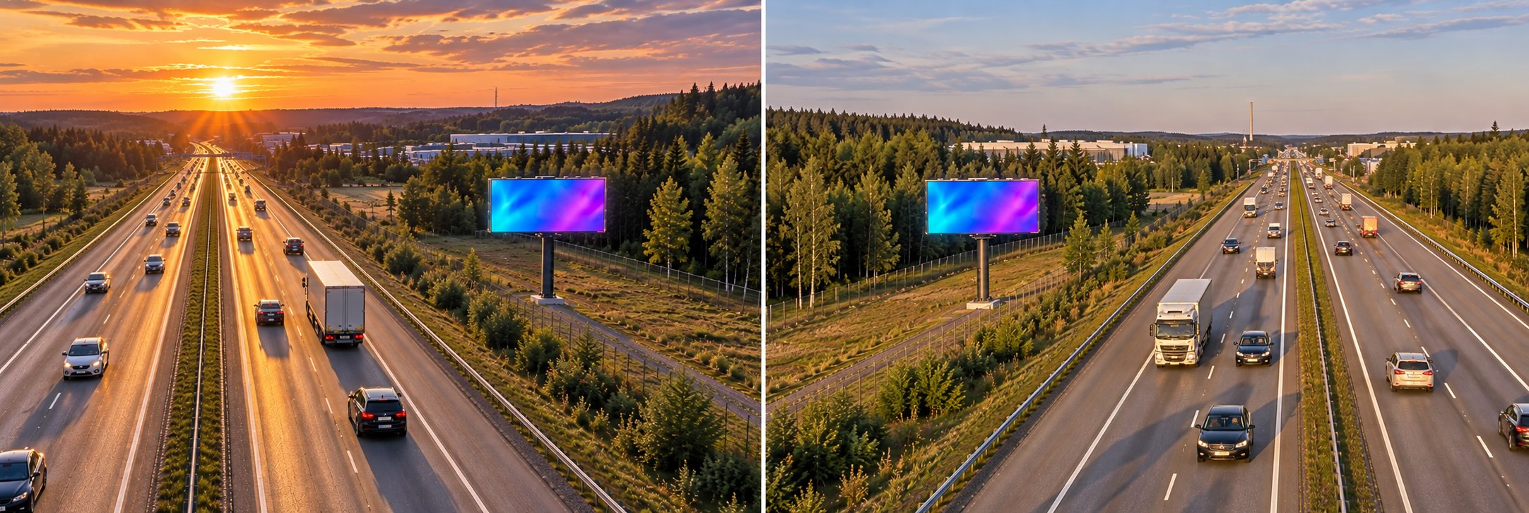 Ansaitse tontillasi – kaksipuoleinen LED-näyttö moottoritien varrella kummastakin ajosuunnasta kuvattuna